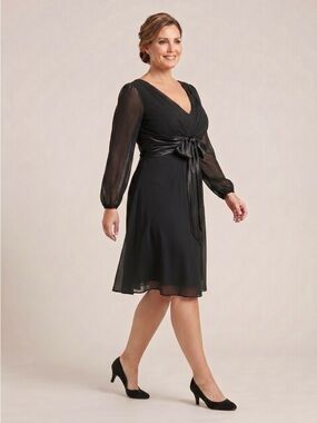 SL Fashions Black V-Neck Long Sleeve Tie-Waist Midi Dress